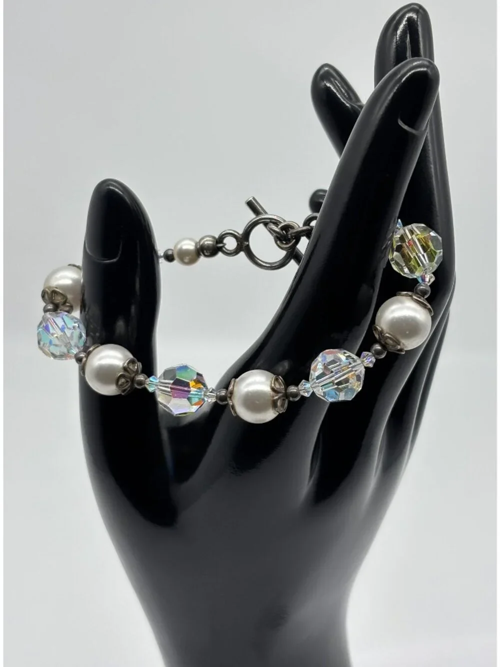 Artisan Made Bracelet With Faceted AB Crystals Faux Pearls Sterling Toggle Clasp